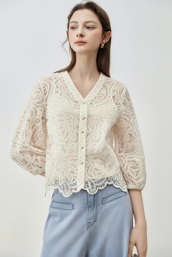 V-Neck Lace Blouse Set