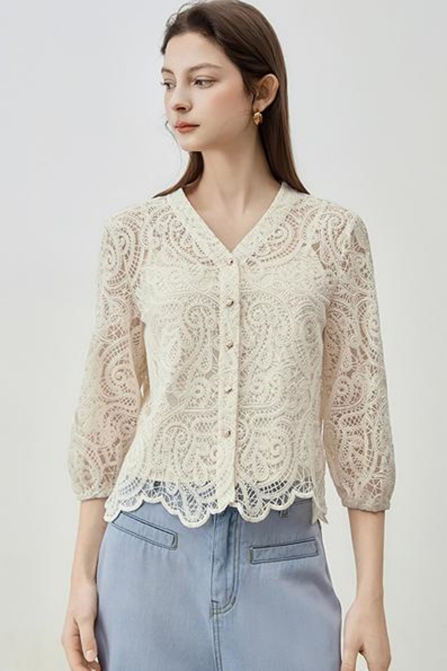 V-Neck Lace Blouse Set
