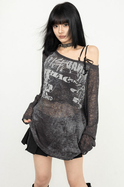 Sheer Design Shoulder Strap T-Shirt
