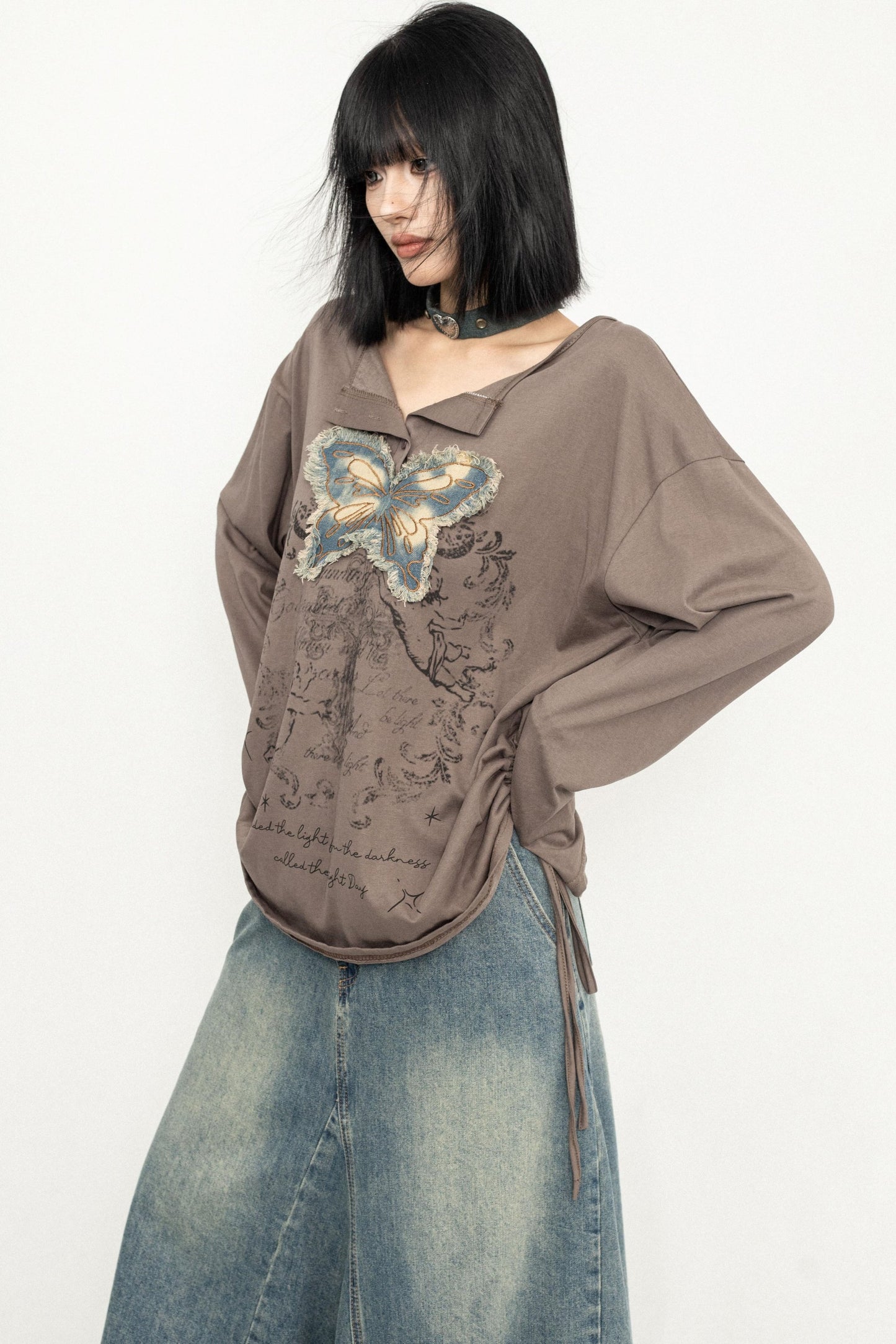 Butterfly Embroidered Retro Loose Tee