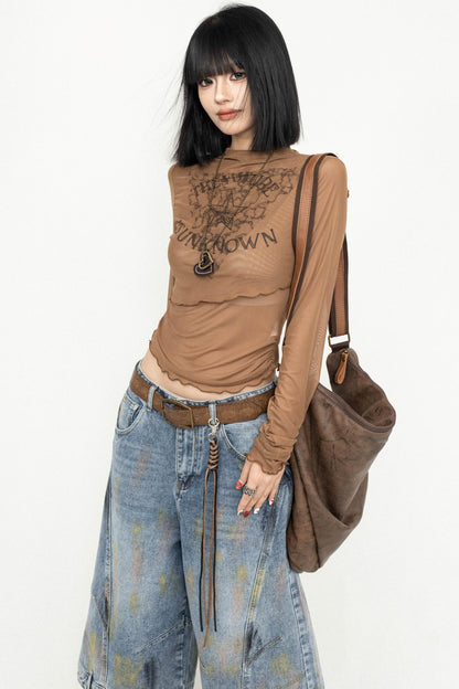 Retro Chic Brown Tulle Top