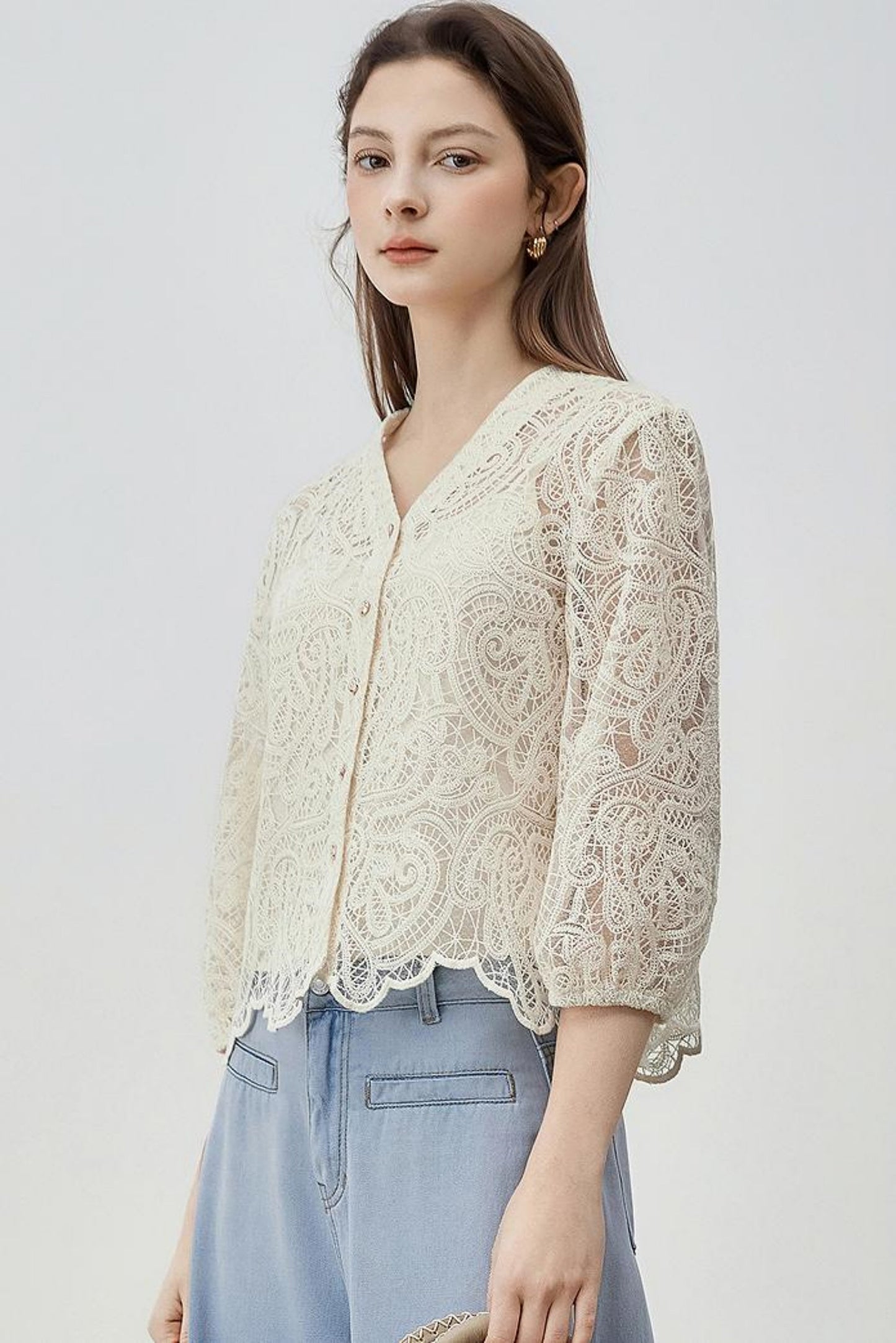 V-Neck Lace Blouse Set