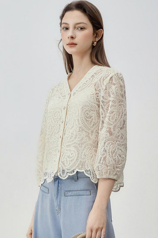 V-Neck Lace Blouse Set