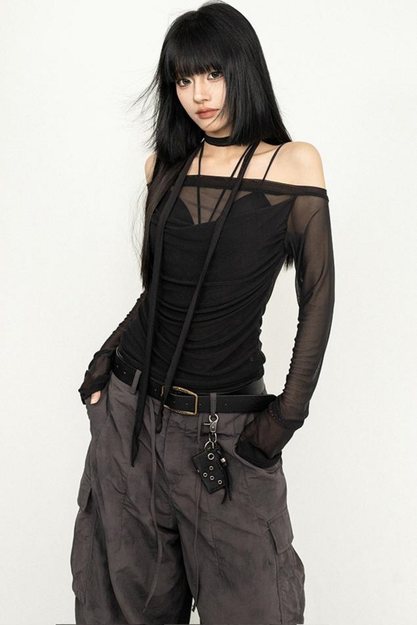 Sleek One-Shoulder Mesh Cover-Up Blouse