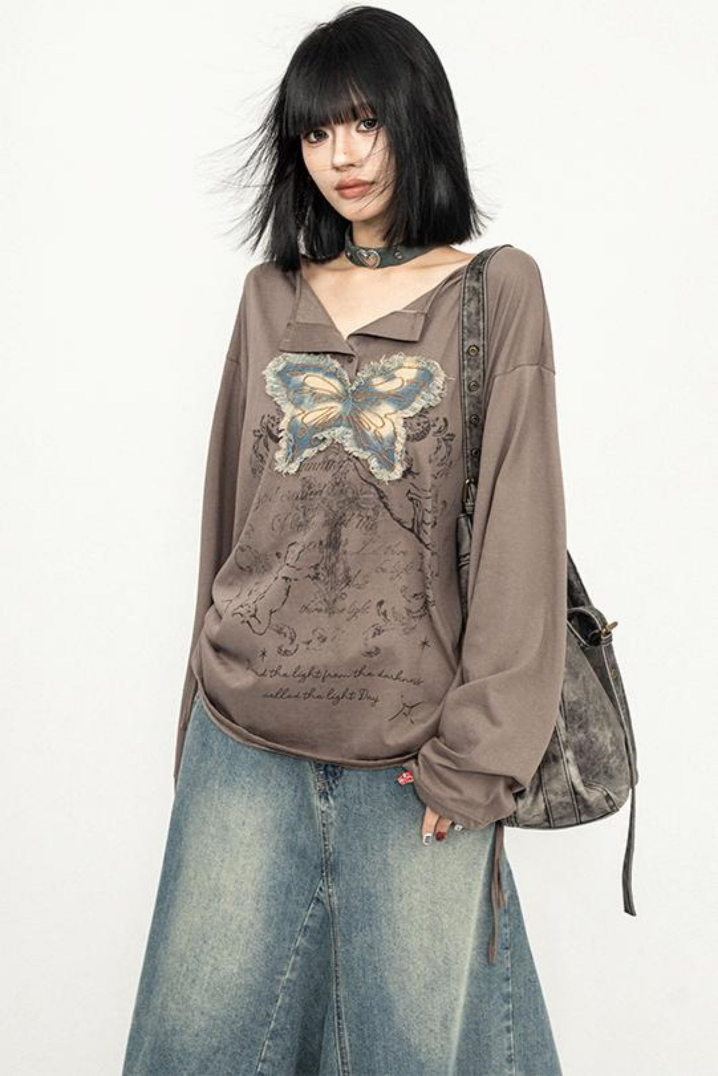 Butterfly Embroidered Retro Loose Tee