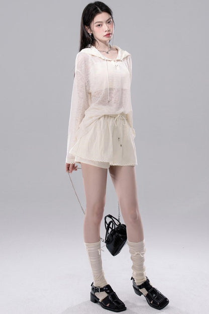 Sheer Lace Hoodie Knit Blouse Skirt Set