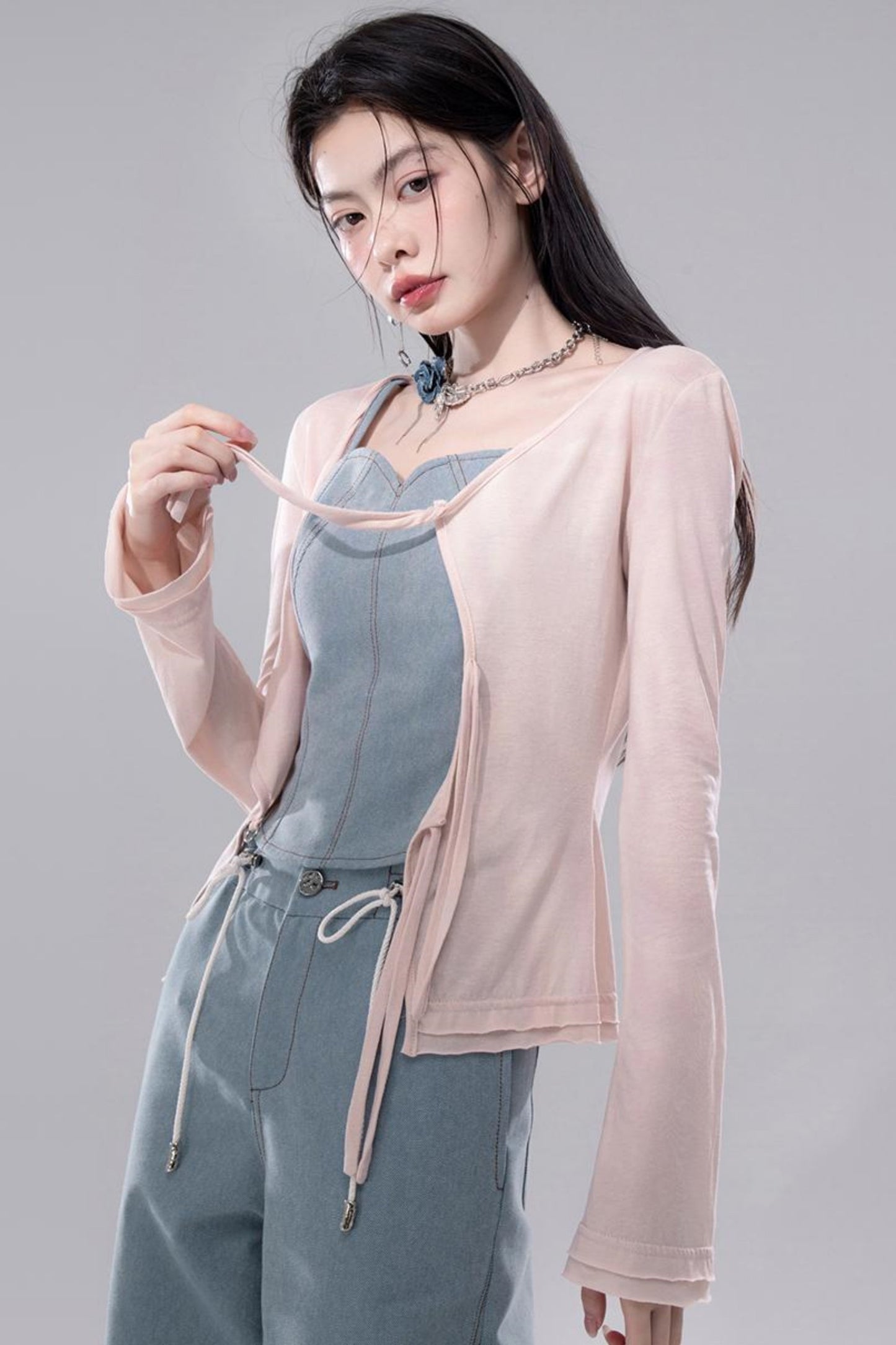 Denim Fusion Lace Suspenders Vest & Sickle Pants Set