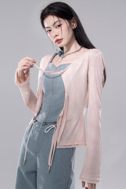 Denim Fusion Lace Suspenders Vest & Sickle Pants Set