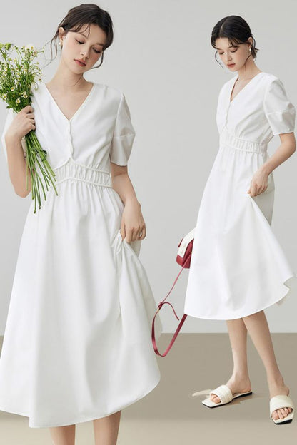 Minimalist Solid Puff Sleeve Dress