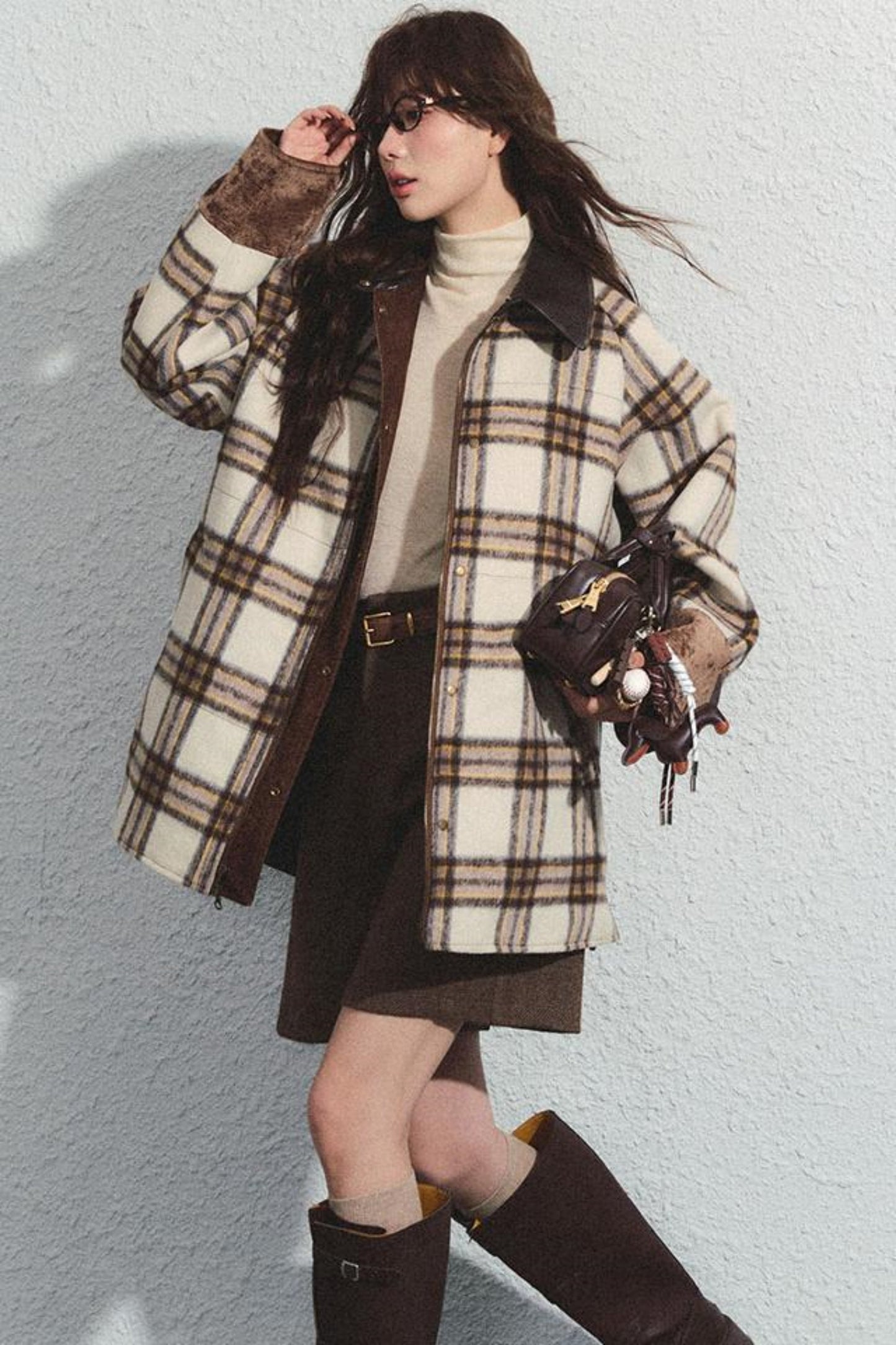 Brown Herringbone High-Waisted Trousers