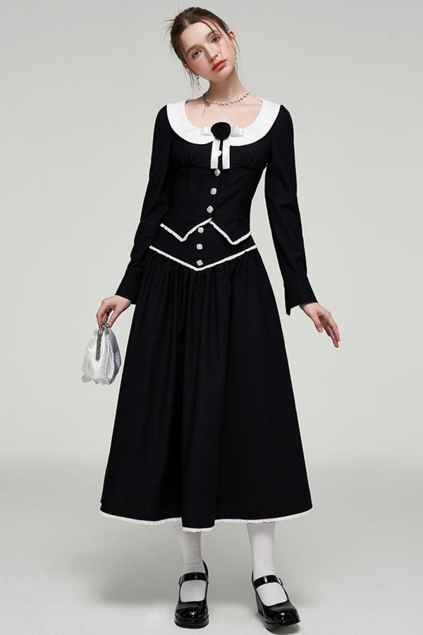 Color-Blocked U-Neck Top & Long Skirt Set-Up