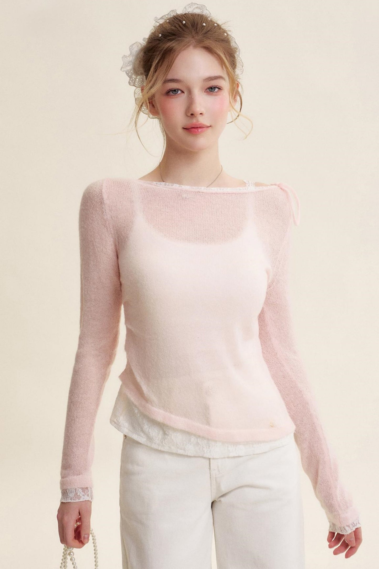 Rose Scented Mohair Bow Neck Sweater Set-Up
