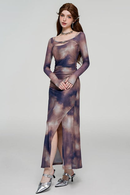 Tie-Dye U-Neck Long Sleeve Slim Dress Set