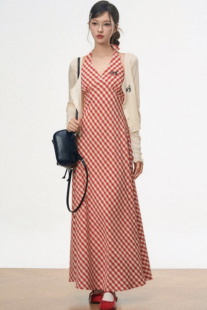Retro Plaid Halter Dress With Smock Set-Up