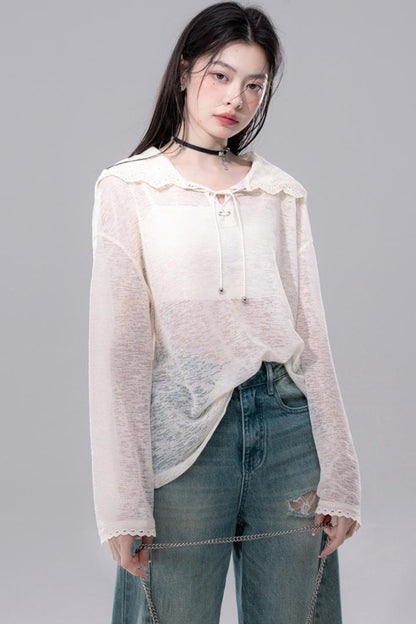 Sheer Lace Hoodie Knit Blouse Skirt Set