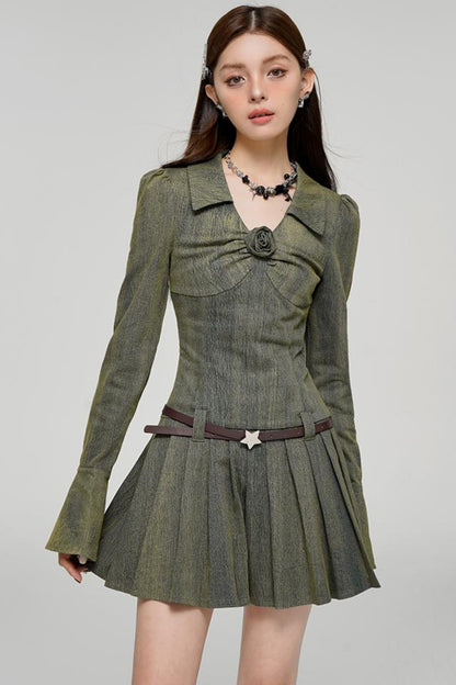 Long Sleeve Rose Print Pleated Dress