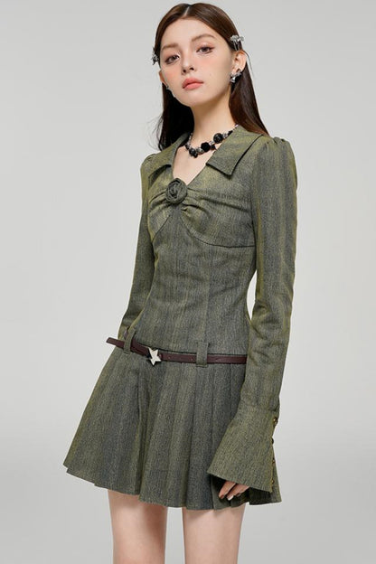 Long Sleeve Rose Print Pleated Dress