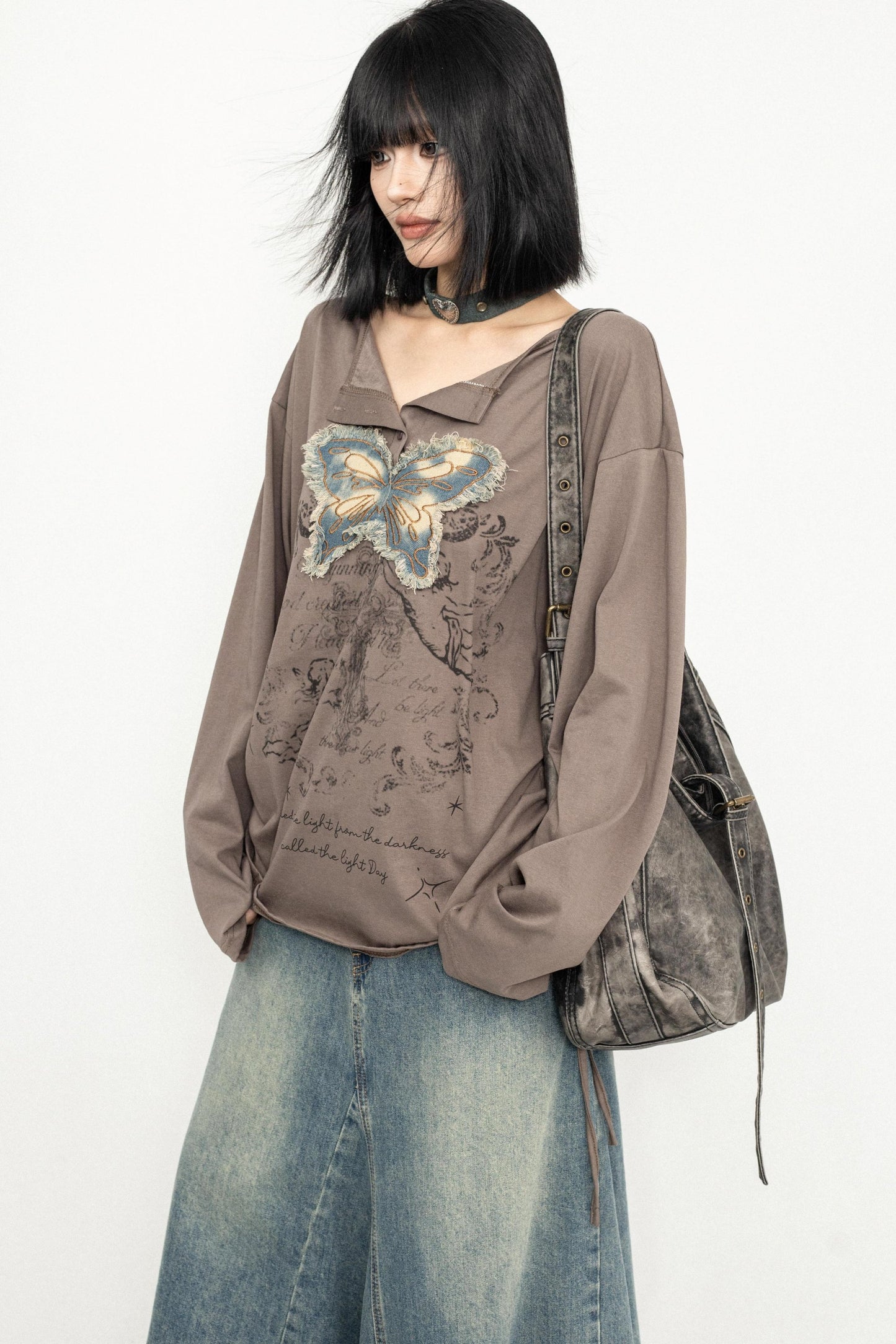 Butterfly Embroidered Retro Loose Tee