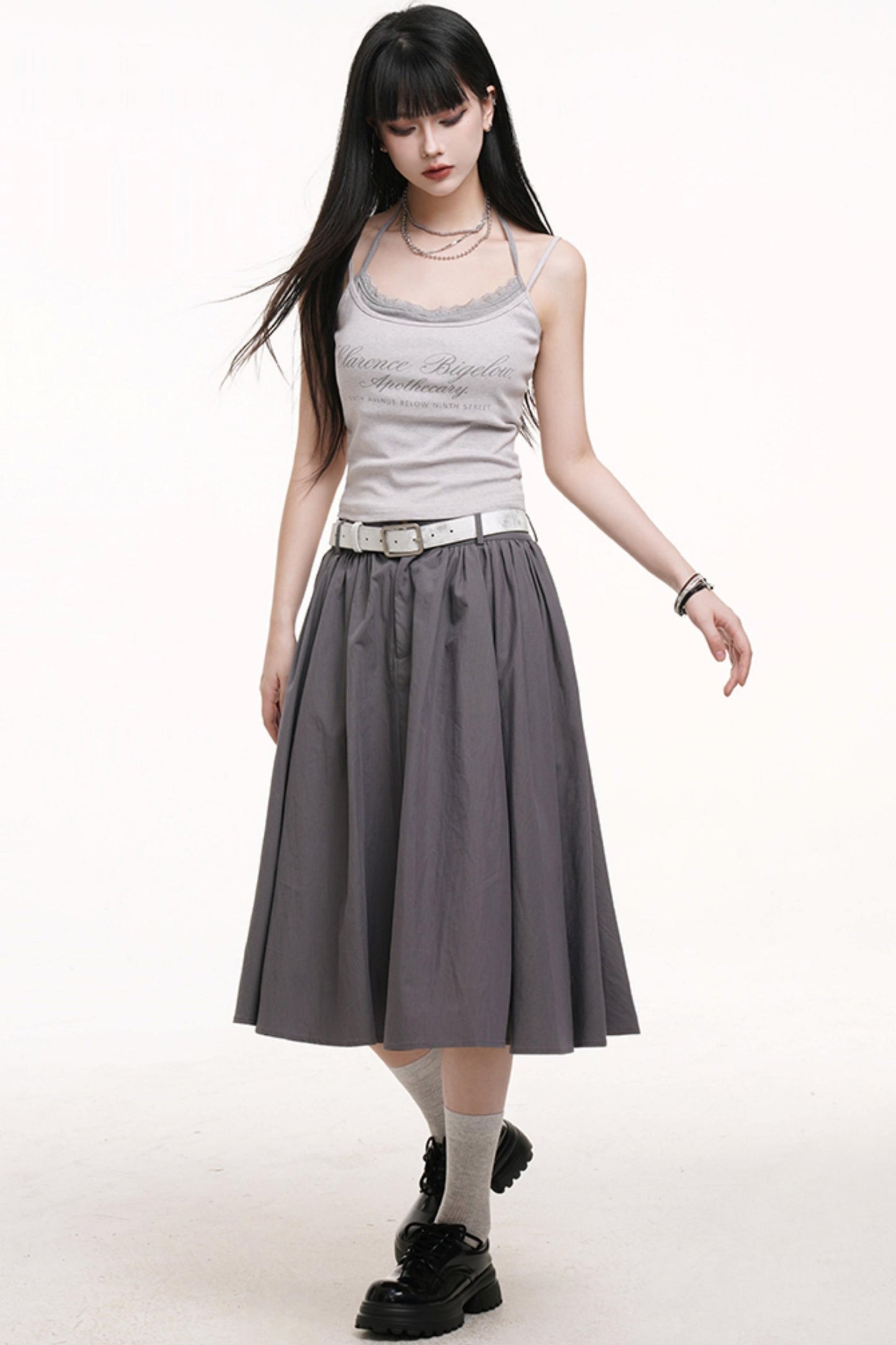 Gray Pleated Midi Skirt