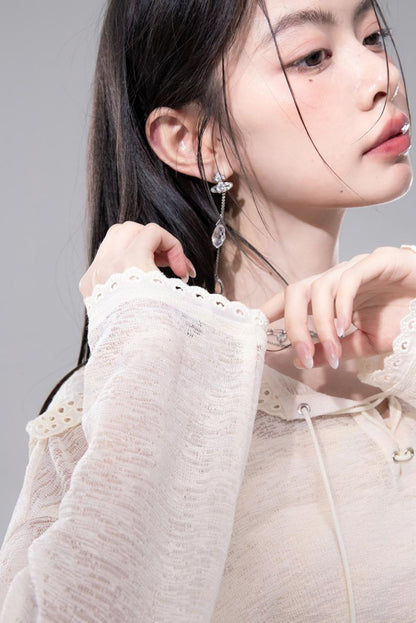 Sheer Lace Hoodie Knit Blouse Skirt Set