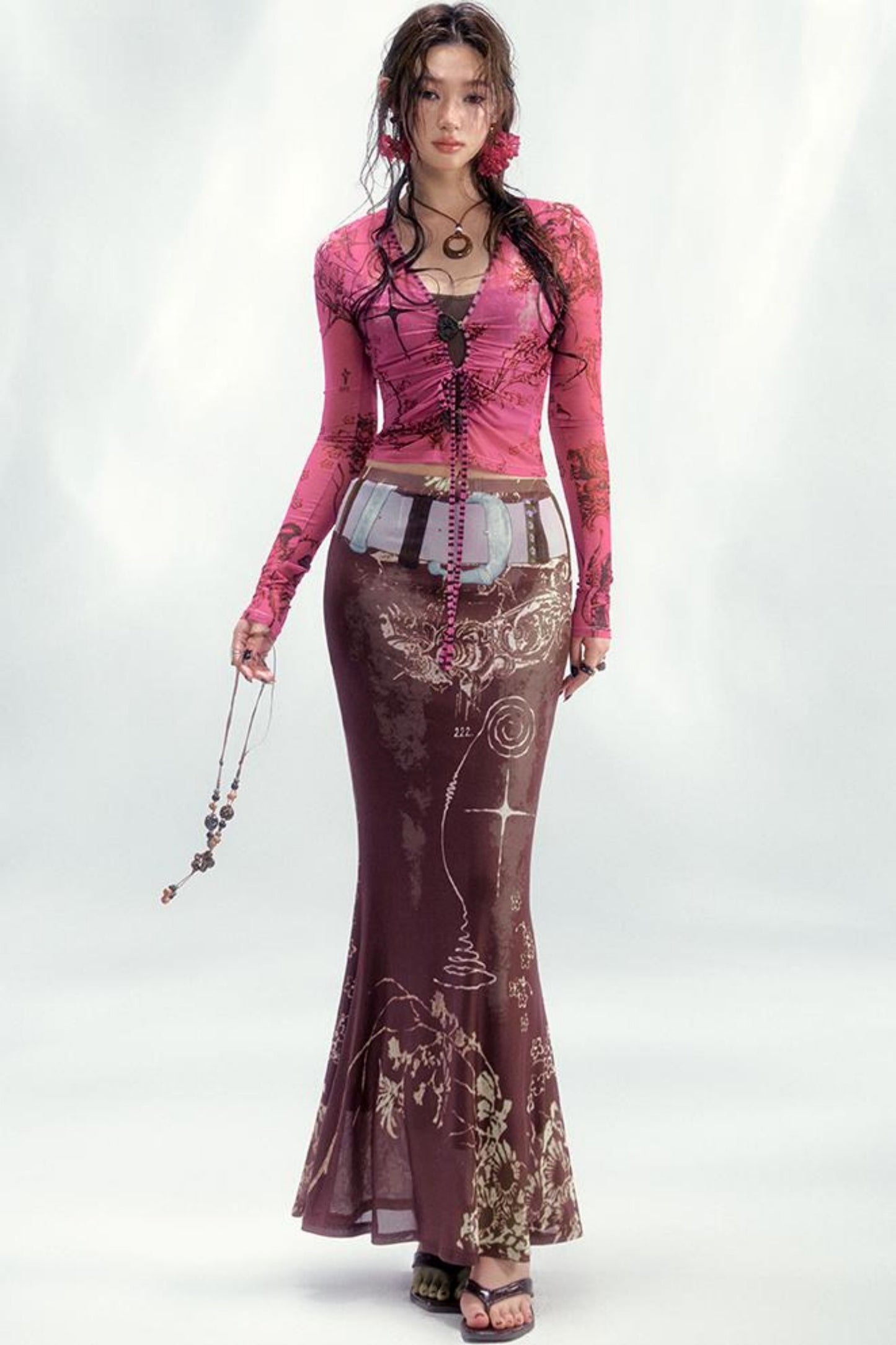 Star Mesh Cardigan With Long Skirt Set-Up