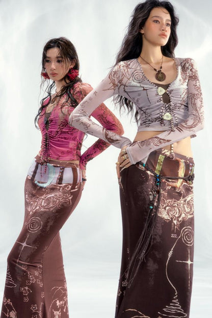 Star Mesh Cardigan With Long Skirt Set-Up