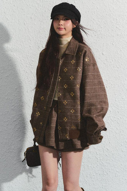 Khaki Beaded Lapel Jacket & Skirt Set-Up