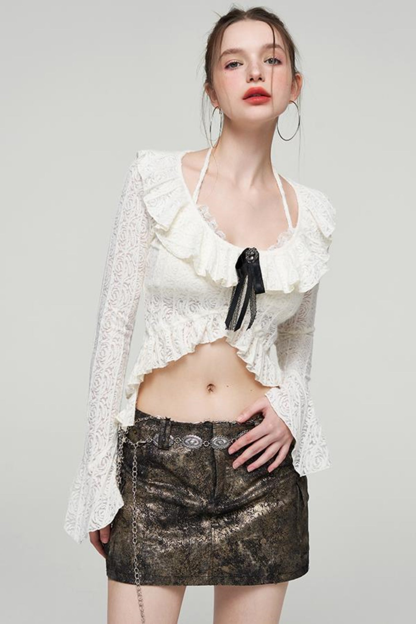 Ruffled Lace Bow Bell Sleeve Top