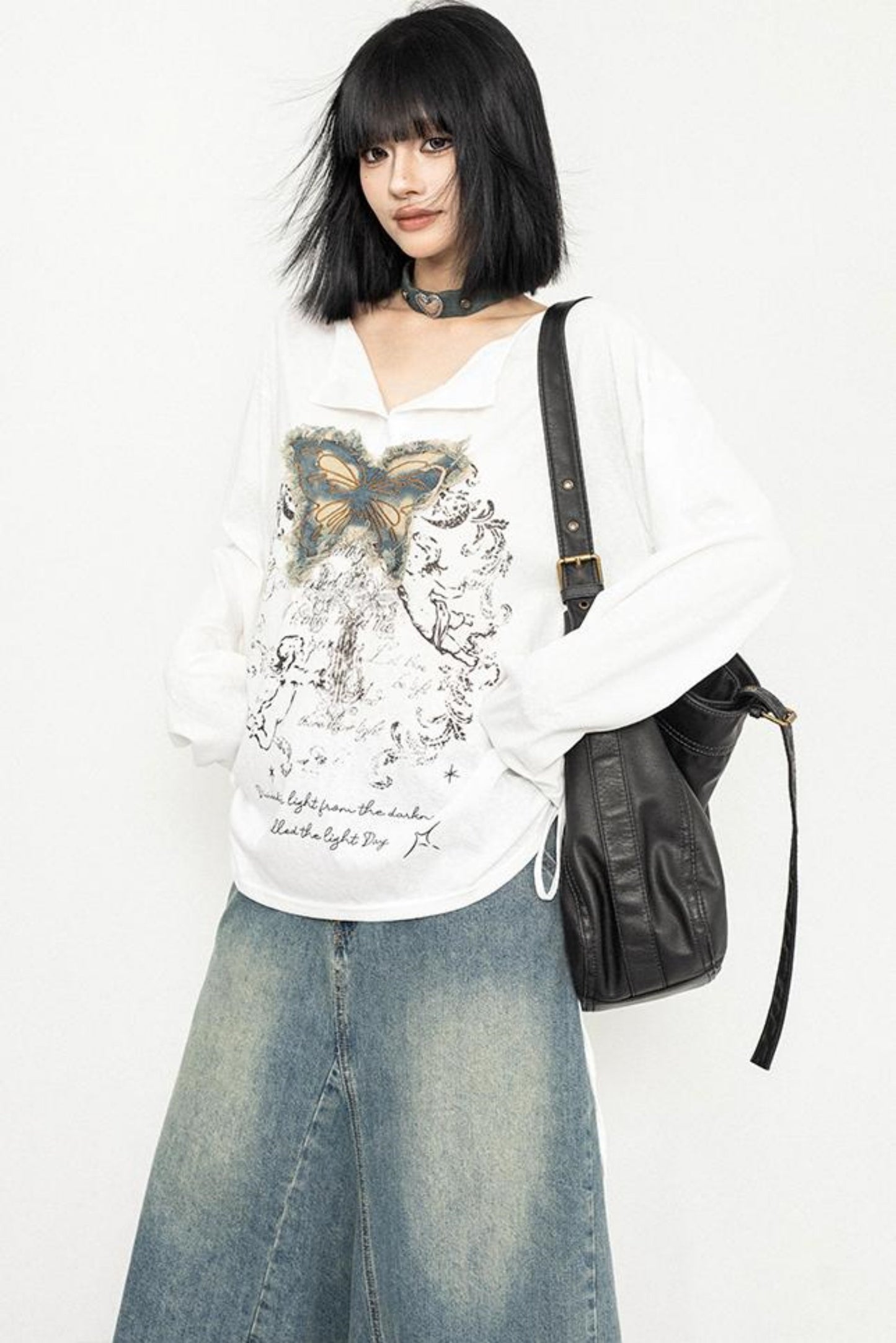 Butterfly Embroidered Retro Loose Tee