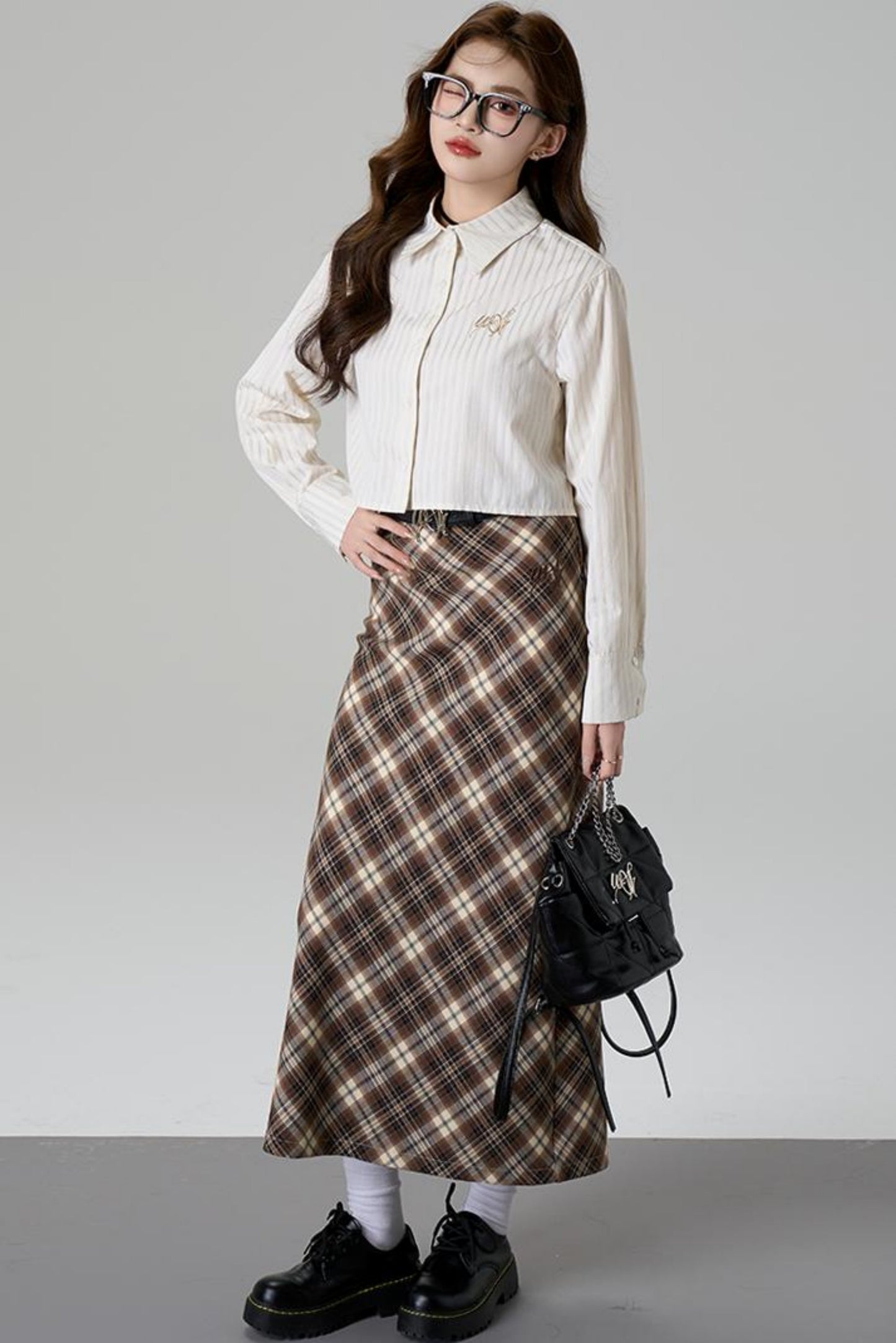 Brown Plaid A-Line Skirt