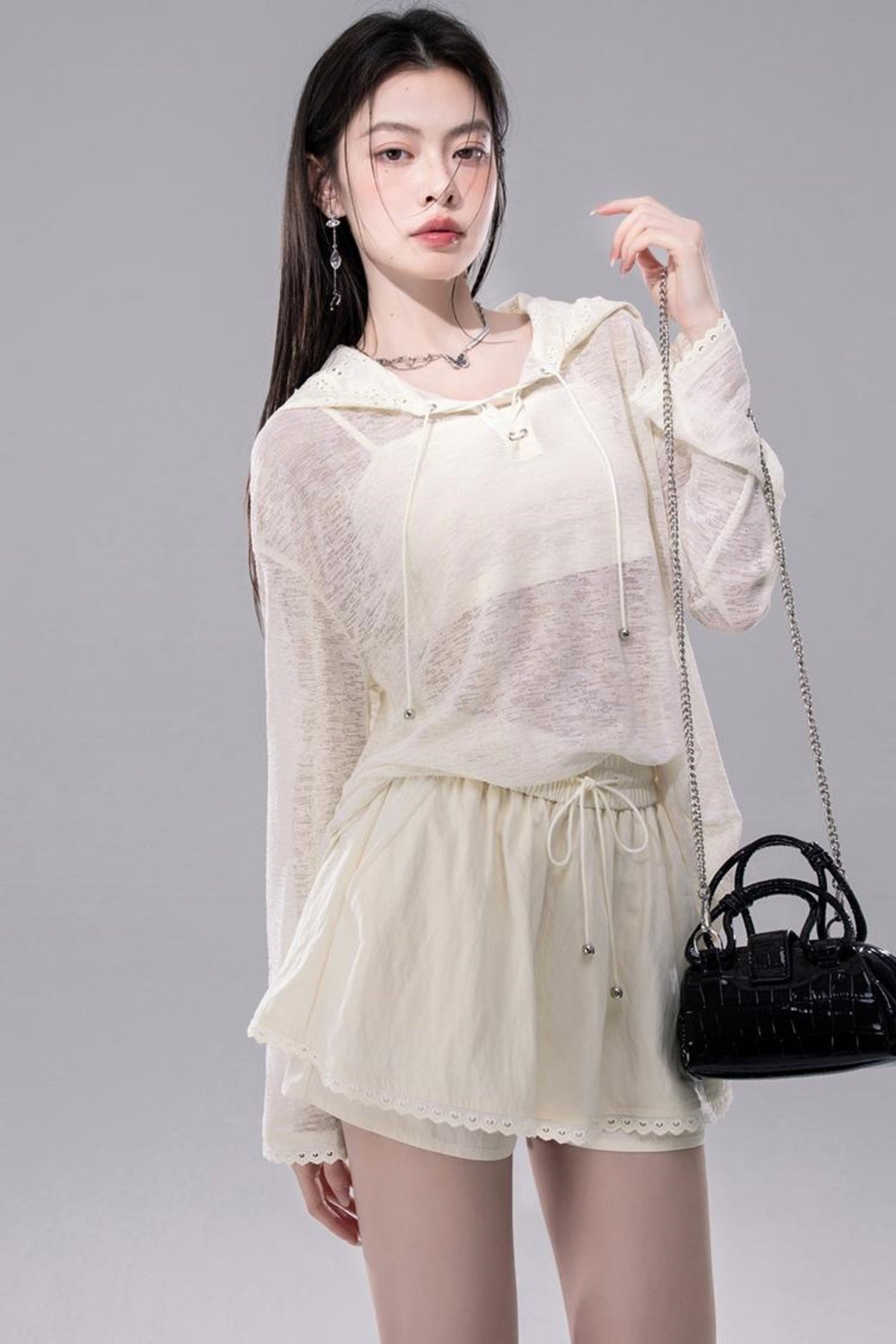 Sheer Lace Hoodie Knit Blouse Skirt Set