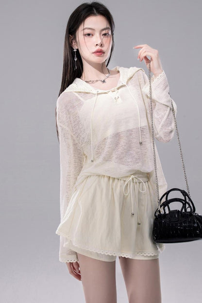Sheer Lace Hoodie Knit Blouse Skirt Set