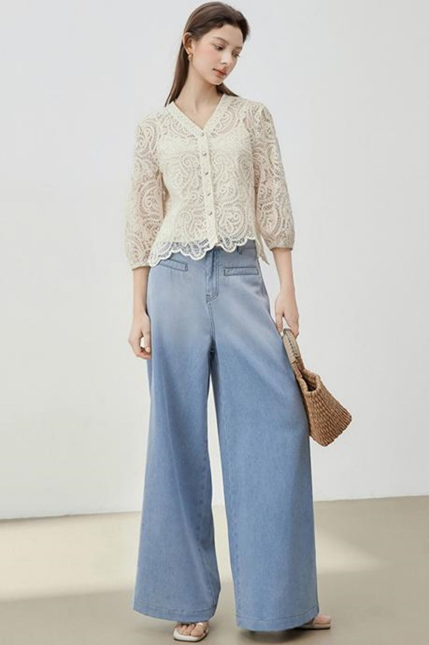 V-Neck Lace Blouse Set