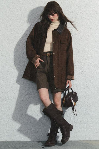 Brown Herringbone High-Waisted Trousers