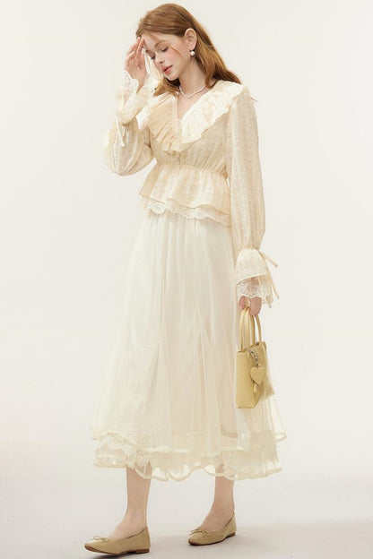 V-Neck Lace Ruffle Blouse