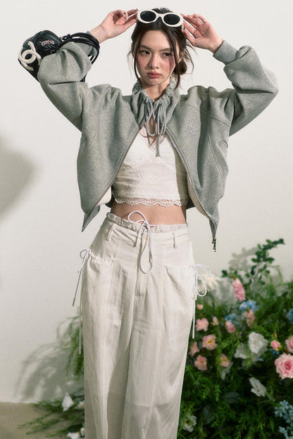 Zip-Up Sweater Jacket With Shorts Set-Up