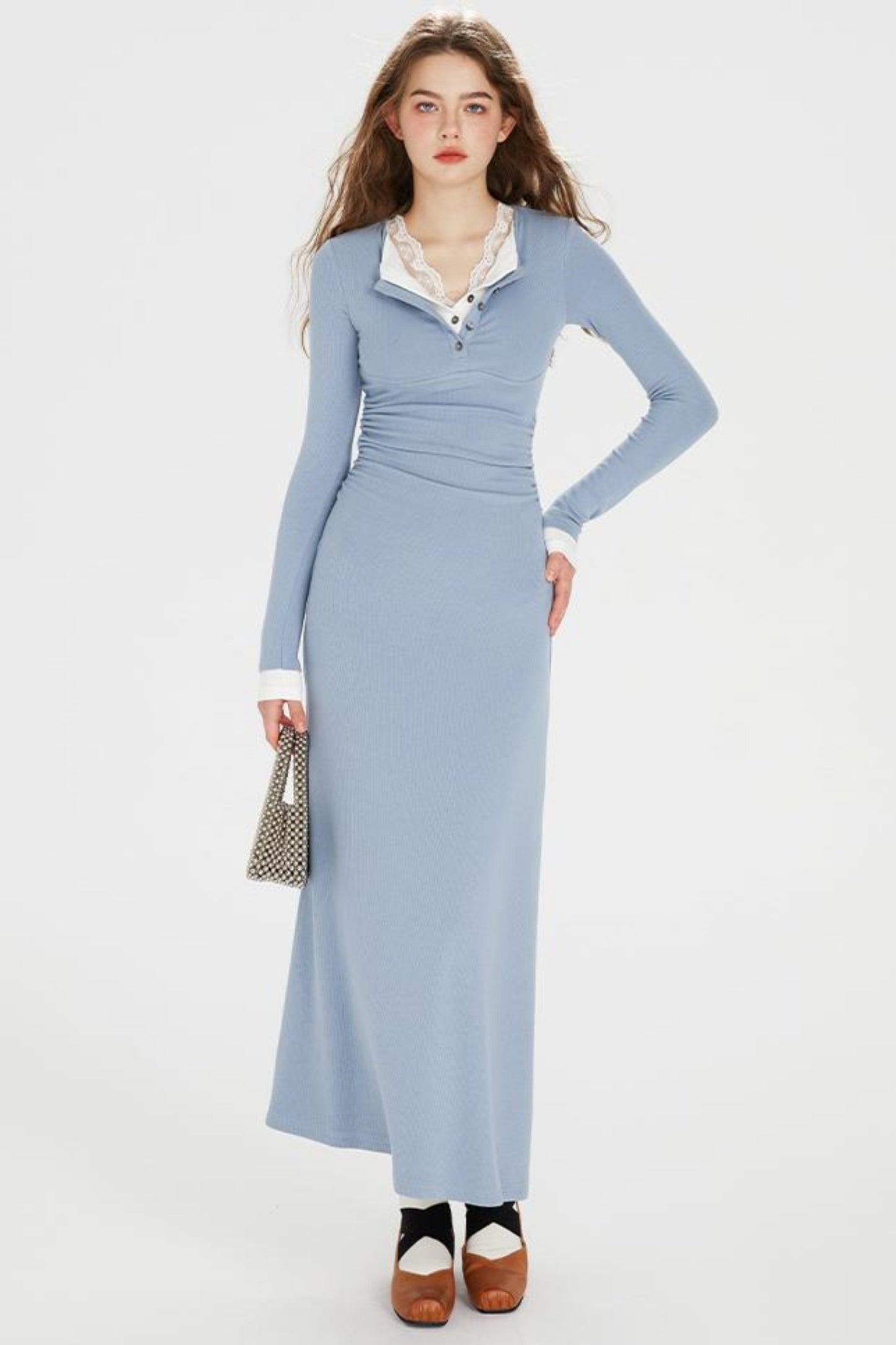 Sapphire Blue Lace Lapel Dress