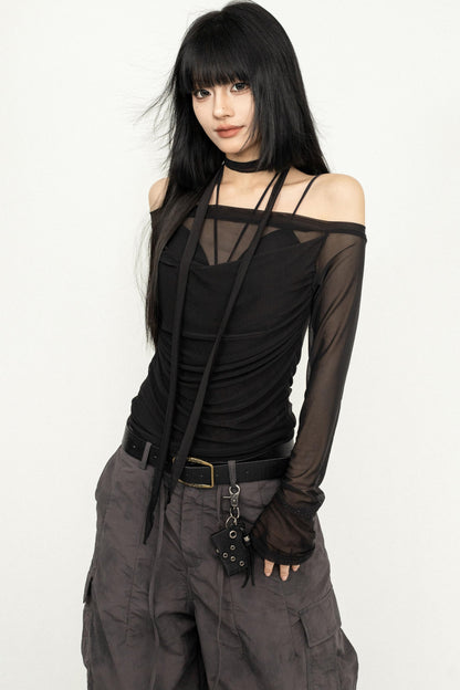 Sleek One-Shoulder Mesh Cover-Up Blouse