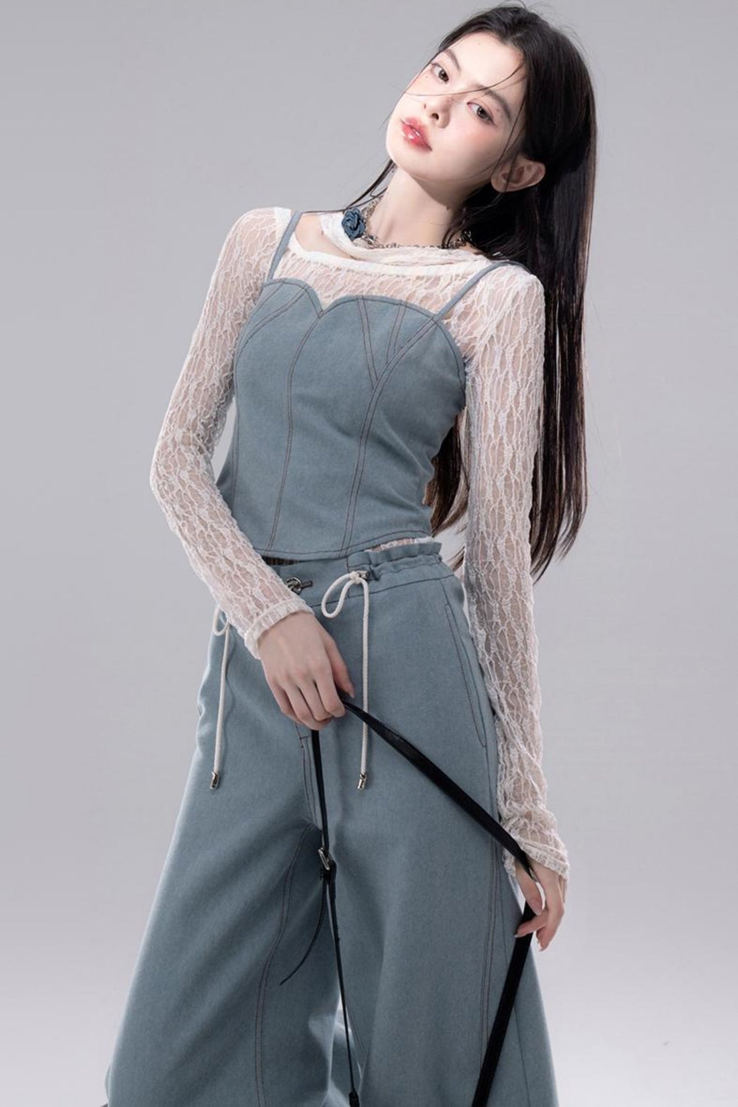 Denim Fusion Lace Suspenders Vest & Sickle Pants Set