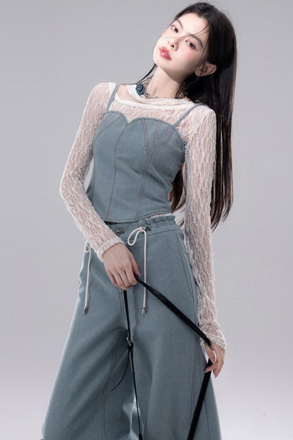 Denim Fusion Lace Suspenders Vest & Sickle Pants Set