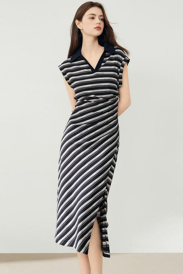 French Striped V-Neck Dress