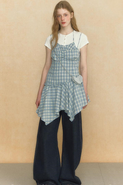 Asymmetrical Plaid Halter Top