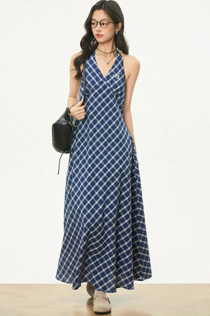 Retro Plaid Halter Dress With Smock Set-Up