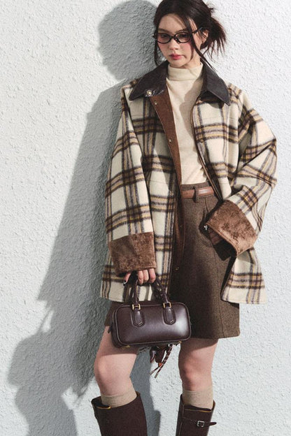 Brown Herringbone High-Waisted Trousers