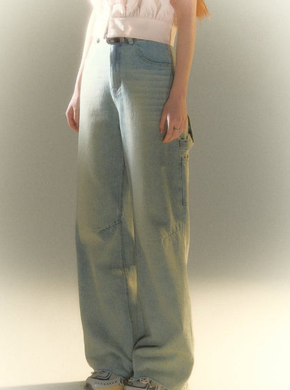 Blue Straig Loose Casual Drap Pants