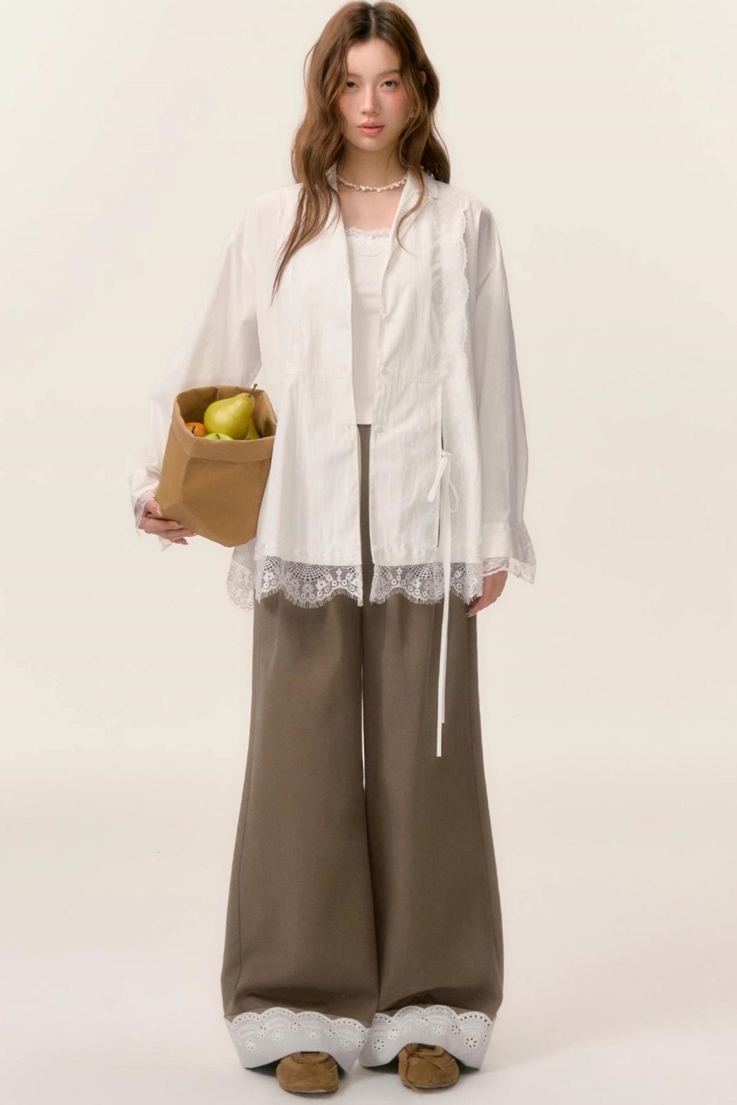 Lace-Trimmed Wide Leg Pants