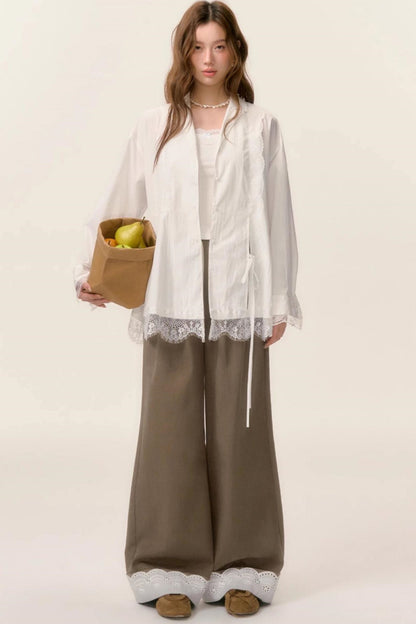 Lace-Trimmed Wide Leg Pants