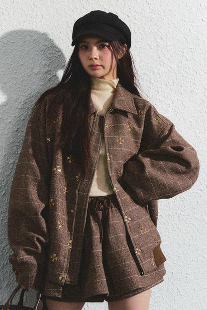 Khaki Beaded Lapel Jacket & Skirt Set-Up