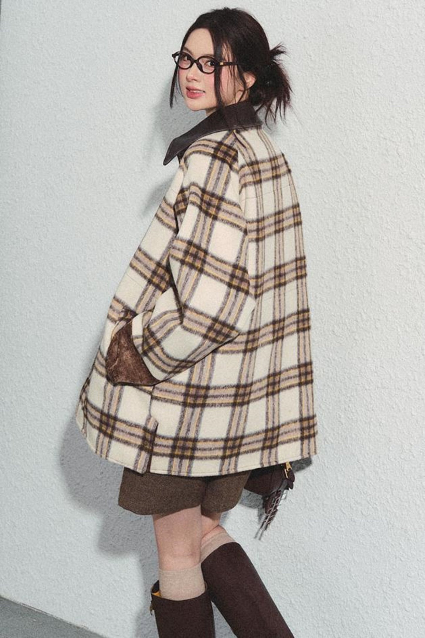 Brown Herringbone High-Waisted Trousers