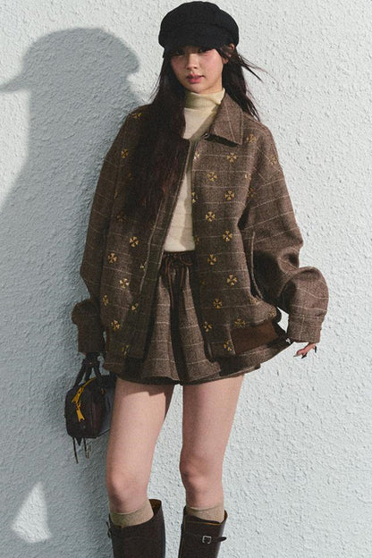 Khaki Beaded Lapel Jacket & Skirt Set-Up